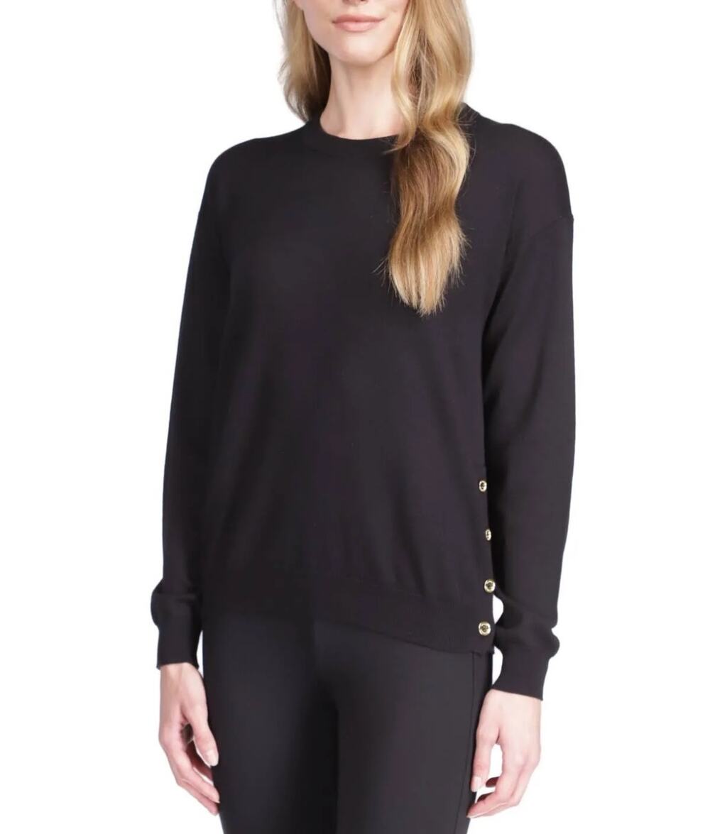 Michael Kors Women's Petite Black Button Trim Long Sleeve Sweater LP NWT
